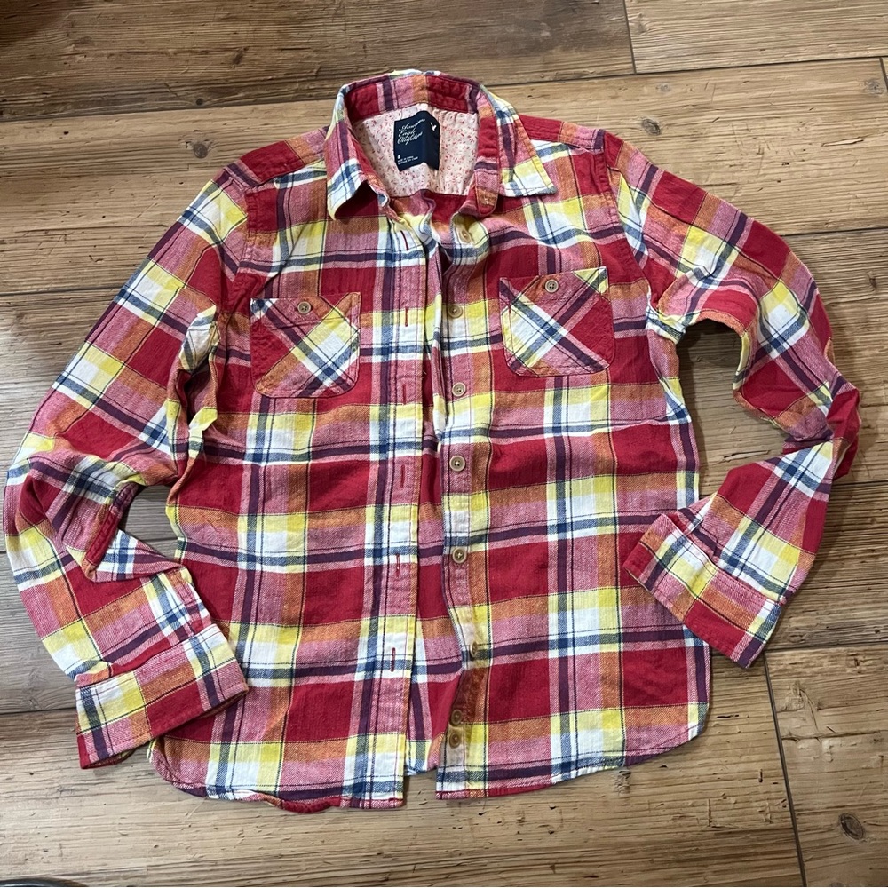 American Eagle Outfitters Red and Yellow Plaid Shirt